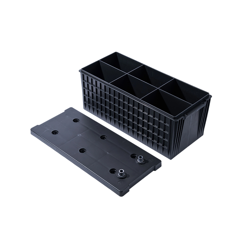 Custom lead acid battery enclosure manufacturer offering AGM-180 parking battery plastic housing with open cell compartments, molded cover, and OEM battery plastic enclosure design