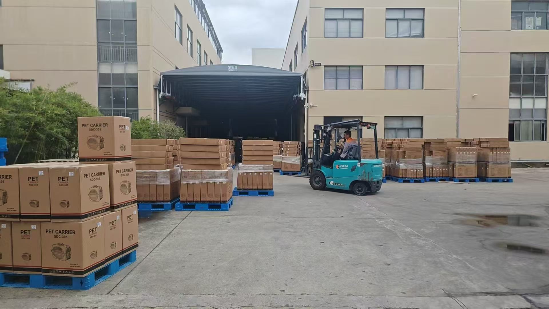 Pet carrier cartons on pallets in the Sanding factory yard, with a forklift handling goods nearby.